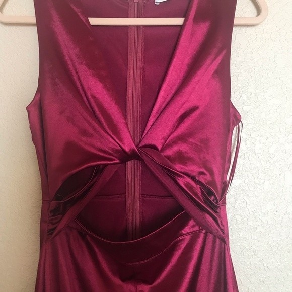 Lush Satin Cutout Burgundy Cocktail MIDI Dress - Picture 3 of 10